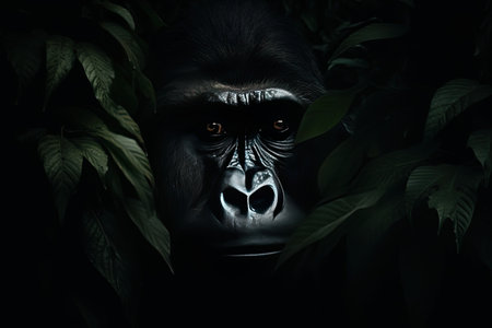 Beautiful gorilla peeking through leaves in the rainforest by generative AIの素材