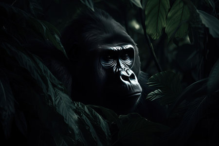 Beautiful gorilla peeking through leaves in the rainforest by generative AIの素材