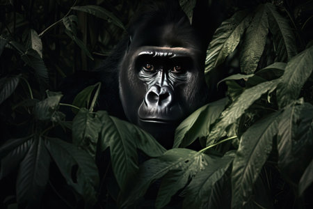 Beautiful gorilla peeking through leaves in the rainforest by generative AIの素材
