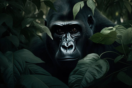 Beautiful gorilla peeking through leaves in the rainforest by generative AIの素材