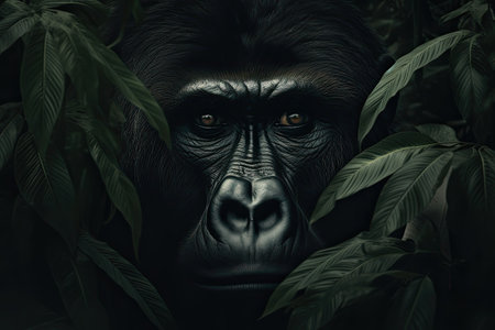 Beautiful gorilla peeking through leaves in the rainforest by generative AIの素材