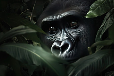 Beautiful gorilla peeking through leaves in the rainforest by generative AIの素材