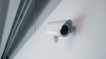 CCTV camera on a wall with a white background, video surveillance and observation by generative AIの素材