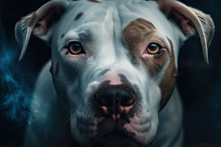 Portrait of a friendly and adorable white pitbull in light crimson and blue colors by generative AIの素材
