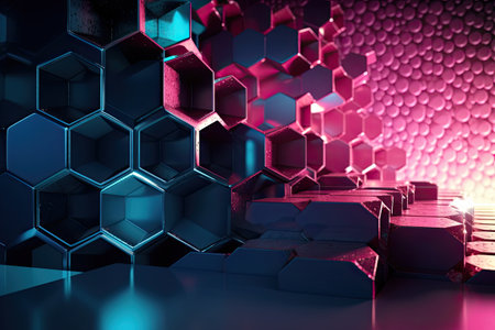 3D background of hexagons with blue and pink geometric shapes by generative AIの素材