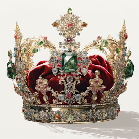 A royal crown on a white background adorned with diamond and emerald jewels by generative AIの素材