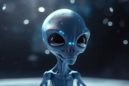 Alien UFO in a blue space with stars above its head against a blurred blue background by generative AIの素材