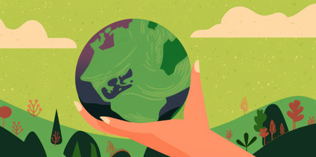 An illustration of human hands holding the planet Earth in orange and green colors, representing the concept of ecology and climate change by generative AIの素材