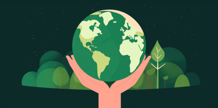 An illustration of human hands holding the planet Earth in orange and green colors, representing the concept of ecology and climate change by generative AIの素材