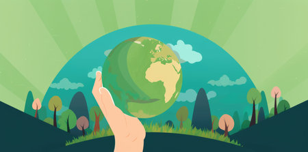 An illustration of human hands holding the planet Earth in orange and green colors, representing the concept of ecology and climate change by generative AIの素材