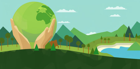 An illustration of human hands holding the planet Earth in orange and green colors, representing the concept of ecology and climate change by generative AIの素材