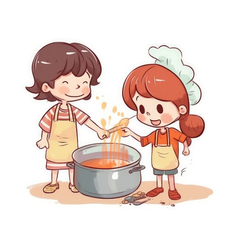 Cheerful children cooking in the kitchen. Happy little chef kids. Generative AIの素材