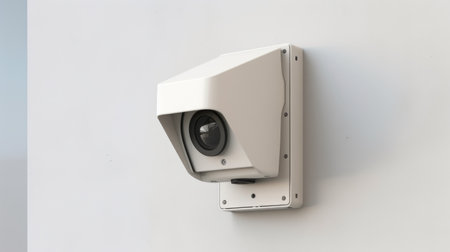 Surveillance camera on a white wall viewed from the side. Generative AIの素材