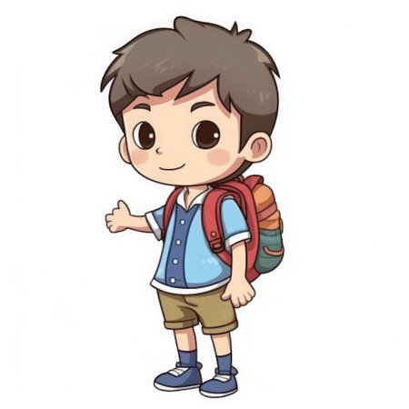 Cute cheerful boy with backpack. Back to school. Generative AIの素材