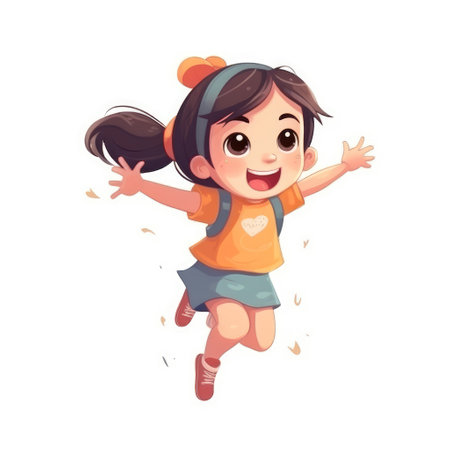 Happy girl jumping on a white background. Generative AIの素材