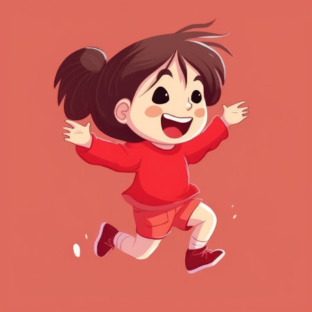 Cartoon little girl Jumping over a red background by creative AIの素材
