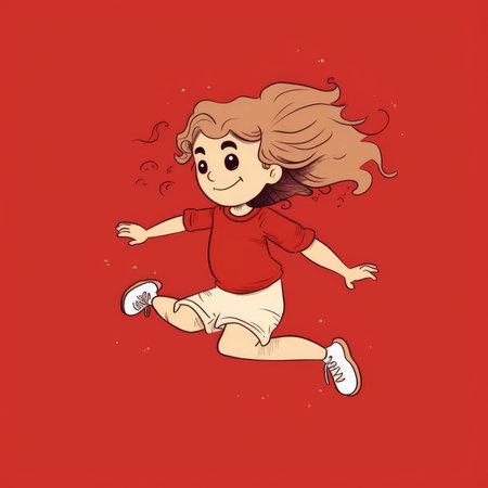 Cartoon little girl Jumping over a red background by creative AIの素材