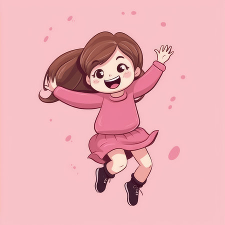 Cartoon Little Girl Jumping over a pink Background by creative AIの素材