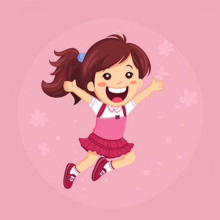 Cartoon Little Girl Jumping over a pink Background by creative AIの素材