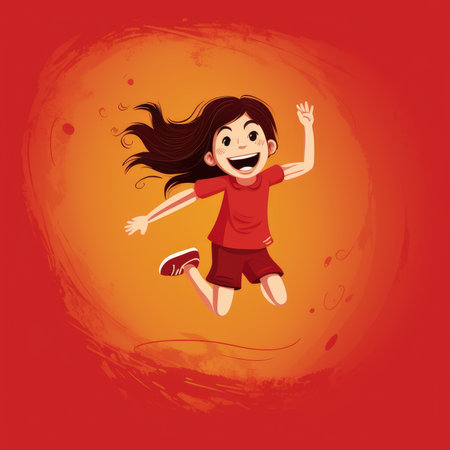 Cartoon little girl Jumping over a red background by creative AIの素材