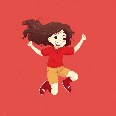 Cartoon little girl Jumping over a red background by creative AIの素材