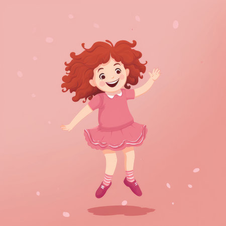 Cartoon Little Girl Jumping over a pink Background by creative AIの素材