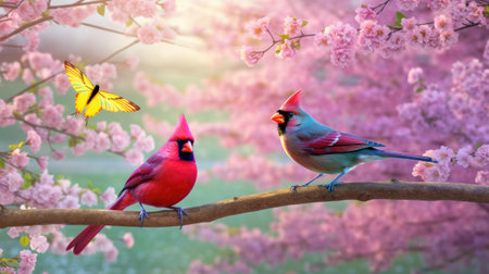 Two charming birds standing on cherry blossom tree branch together. Spring time. Generative AIの素材
