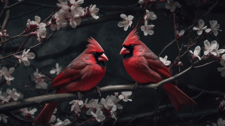 Two charming birds standing on cherry blossom tree branch together. Spring time. Generative AIの素材
