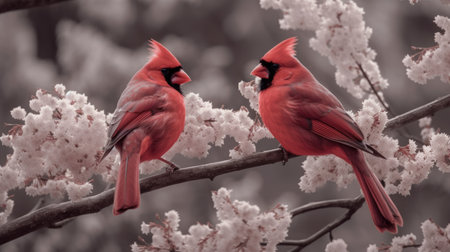 Two charming birds standing on cherry blossom tree branch together. Spring time. Generative AIの素材