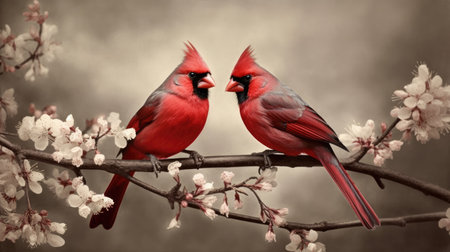 Two charming birds standing on cherry blossom tree branch together. Spring time. Generative AIの素材