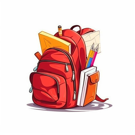 Red backpack with school supplies. Back to school. Generative AIの素材