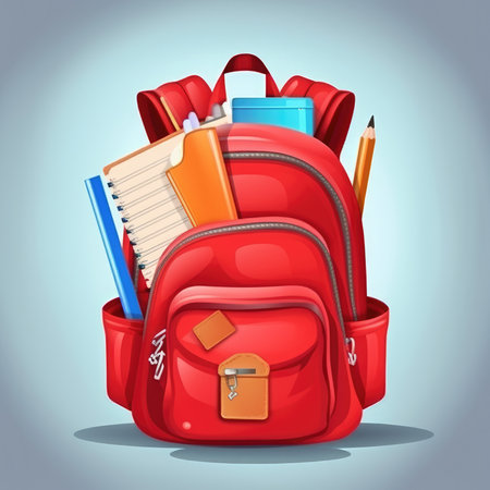 Red backpack with school supplies. Back to school. Generative AIの素材