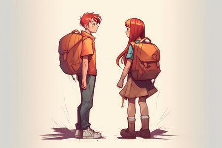 Boy and girl with backpacks. Back to school. Generative AIの素材