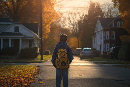 Small student walking along the street with his school backpack. Generative AIの素材