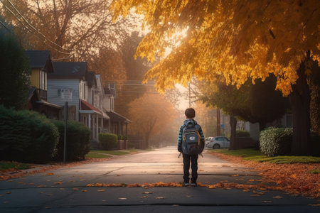 Small student walking along the street with his school backpack. Generative AIの素材