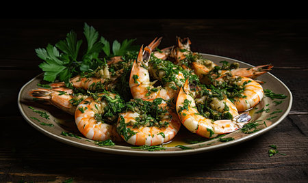 An elegant and delicious plate of garlic shrimp with parsley, healthy and protein-rich food by generative AIの素材