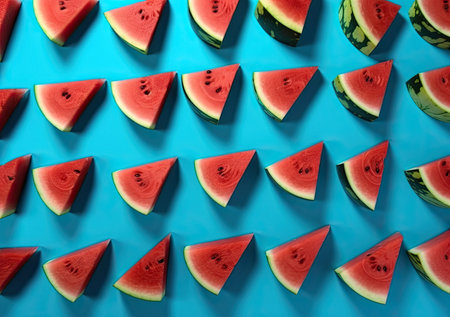 Sliced watermelon on a blue background, healthy and refreshing summer food by generative AIの素材