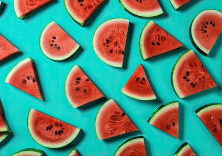 Sliced watermelon on a blue background, healthy and refreshing summer food by generative AIの素材