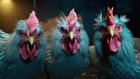 A charming group of chickens with bright blue feathers, taking a selfie by generative AIの素材