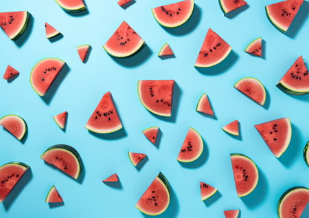 Sliced watermelon on a blue background, healthy and refreshing summer food by generative AIの素材