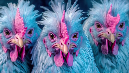 A charming group of chickens with bright blue feathers, taking a selfie by generative AIの素材