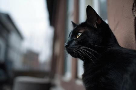 Daytime, city street, black cat. Symbol of superstition by generative AIの素材