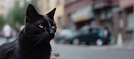 Daytime, city street, black cat. Symbol of superstition by generative AIの素材