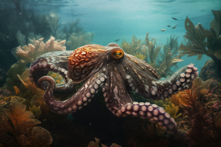 Big octopus on the deep of the sea with colorful corals. Generative AIの素材