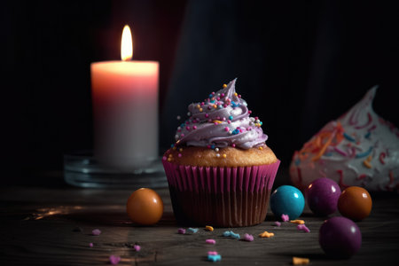 Birthday cupcake with candle and decoration. Dark background. Generative AIの素材