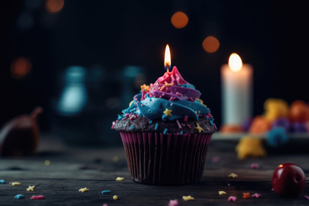 Birthday cupcake with candle and decoration. Dark background. Generative AIの素材