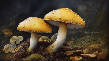 Two yellow wild mushrooms in the forest. Generative AIの素材