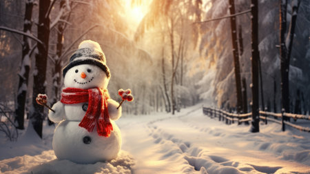 Funny snowman in the snowy forest. Sunny winter day. Generative AIの素材