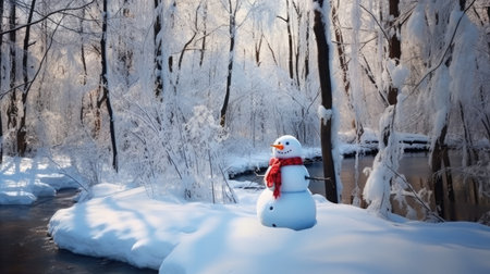 Funny snowman in the snowy forest. Sunny winter day. Generative AIの素材