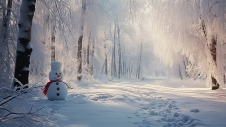 Funny snowman in the snowy forest. Sunny winter day. Generative AIの素材